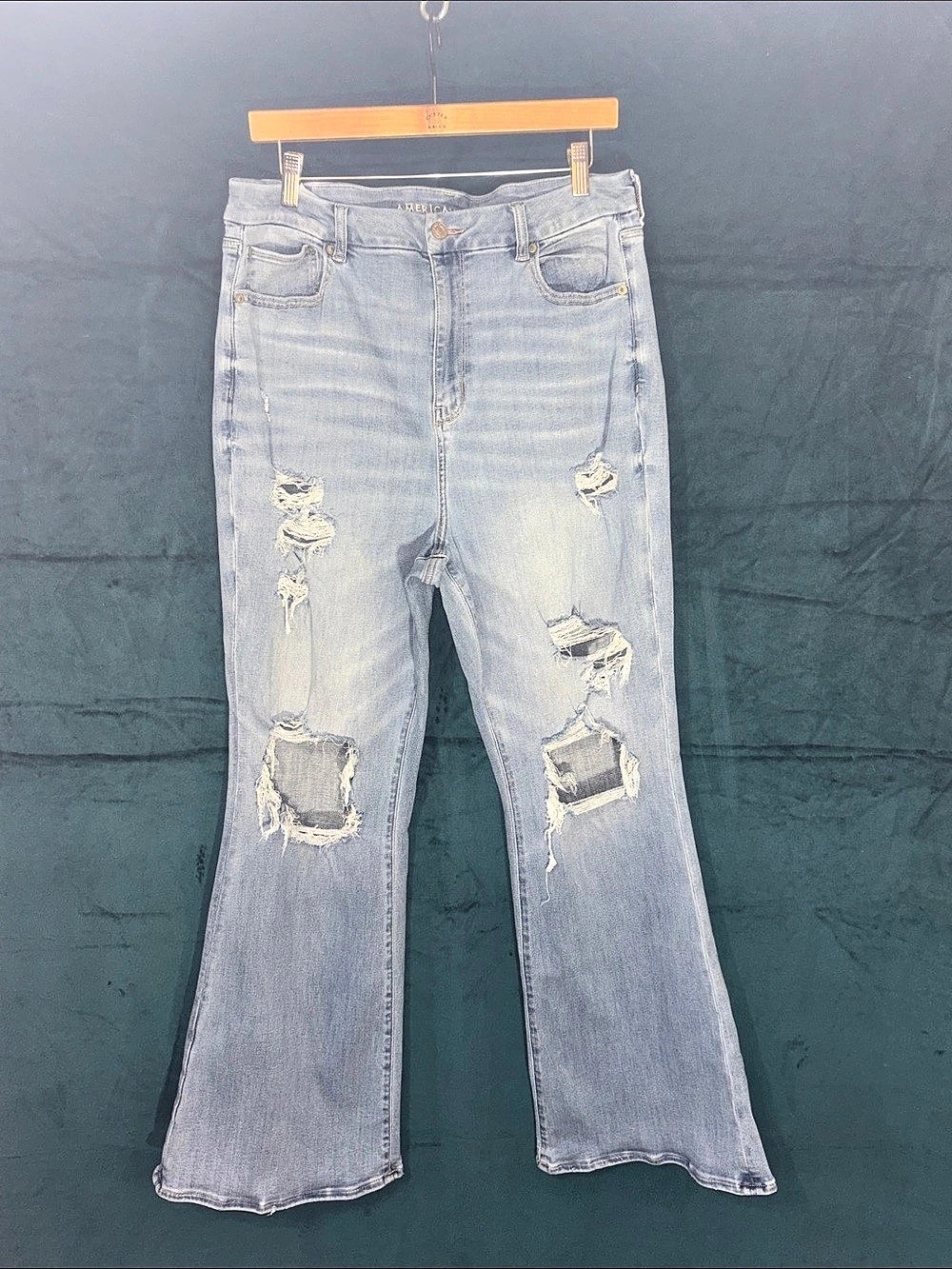American Eagle Curvy Super High-Rise Flare Distressed Flare Jeans Blue Waist 16